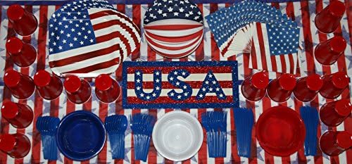 104 Piece 4th of July Patriotic Party Set Decorations and Accessories Show your American Spirit Celebrate This Independence Day with Variety of Red White and Blue Bundle Supplies for 14 Guests