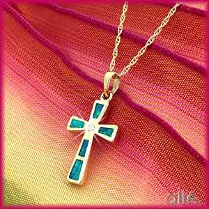 14K Australian Opal & Diamond Religious Cross Pendant