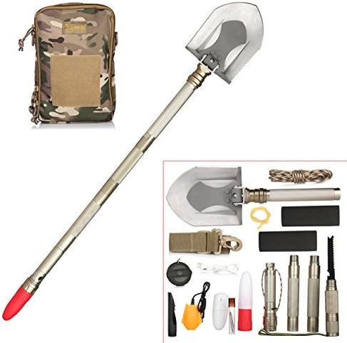 Duoji Tibetan Mastiff Foldable Military DIY Shovel with Chopping Cutting Firing Ice- axe Whistling Reinforcing Bar Lighting Charging Functions for Outdoor Camping Hiking