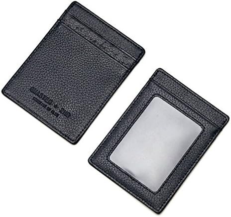 Ptatoms Slim Utral Thin 4 Card Slots Pocket Black Unisex Genuine Leather Id Wallet and Credit Card Holder Wallet（vertical Design）