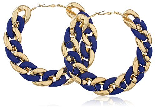 Goldtone Metal with Navy Blue Plastic 3.5 Inches Chain Link Hoop Earrings