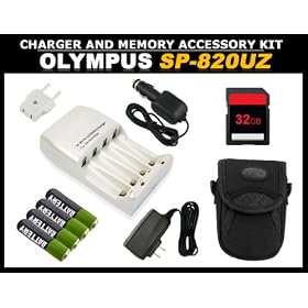 Power and Memory Accessory Kit for Olympus Stylus SP-820UZ Digital Camera includes Charger with 4 Double AA Batteries + Small Camera Case + 32GB SD Memory Card