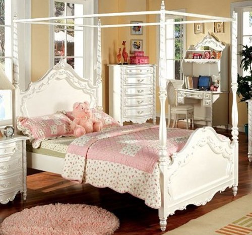Poster Canopy Bed in Pearl White - Victoria Collection