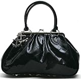 Lux De Ville High Roller Kiss Lock Bag Black Patent Vinyl Diamond Stitch Handbag with Leopard Print Bottom Rockabilly Anchors Punk Rock Purse