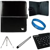 Black Executive Leather Portfolio Carrying Case Cover for Apple iPad (first generation) Model MB292LL/A, MB293LL/A, MB294LL/A (16GB, 32GB, 64GB) + Executive Stylus Pen with Laser Pointer and LED Light + Silver Tablet Stand + SumacLife Bluetooth Wireless Keyboard + SumacLife TM Wisdom Courage Wristband