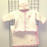 Cok653, Knitted on Hand Knitting Machine Finished By Hand Crochet Baby Pink Cotton Pink Chenille trim Infant Girls Cardigan Hat Set Trimmed with Two Heart Patches on Cardigan, Hat and Blanket