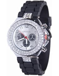 Geneva Womens Silicone Designer Faux Chronograph Boyfriend Watch with Baguette Stones Bezel-Black