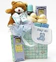 Sweet Baby Boy Diaper Bag with Teddy Bear Gift Basket - Blue and Pastel Green