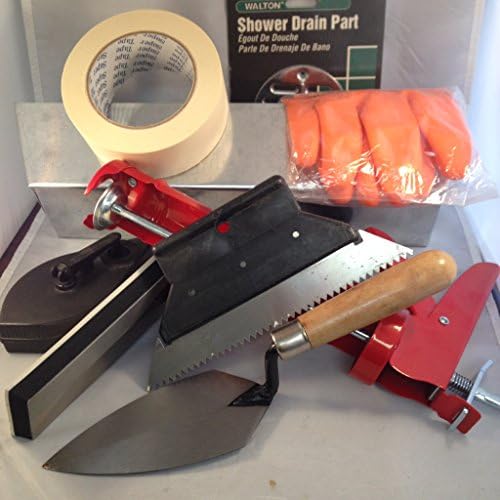 GALVANIZED PAN WITH ASSORTMENT OF TOOLS: Great Gift for "New Homeowner Or To Have Around The House or Office" Comes With Calking Gun | Trowel | Float | Spreader | Chalk Line | Shower Drain Screen | Masking Tape | Gloves | 14" Galvanized Mud Pan