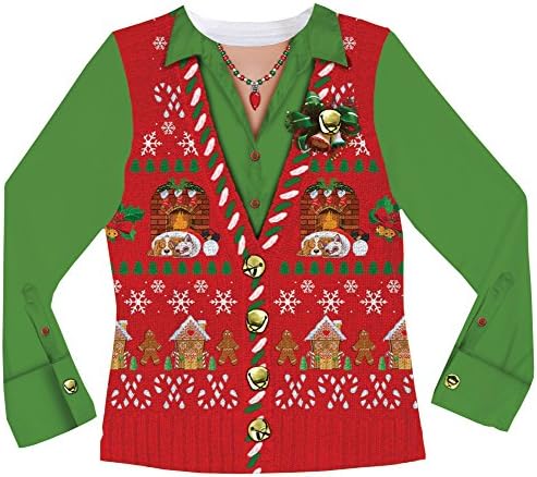 Womans Long Sleeve: Ugly Xmas Vest Costume Tee T-Shirt Size L