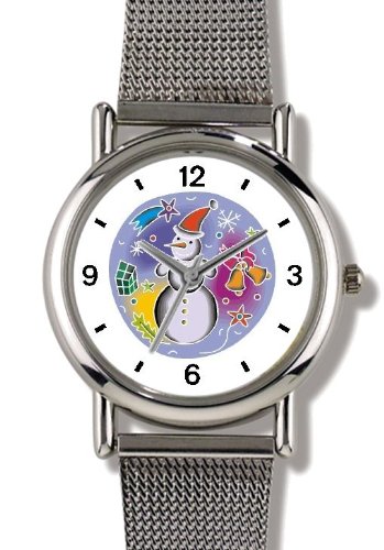 Snowman or Snow Man Christmas Theme - WATCHBUDDY® ELITE Chrome-Plated Metal Alloy Watch with Metal Mesh Strap-Size-Small ( Standard Women's Size )