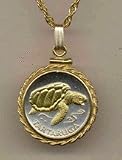 Cape Verde 1 Escudos Sea Turtle Two Tone Gold Filled Rope Bezel Coin Pendant with 18 Chain