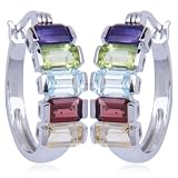 Rhodium Overlay Sterling Silver Multi-Gemstone Hoop Earrings
