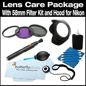 58mm Filter Kit and Lens Hood + Care Package For Nikon 50mm F1.4 G, 55-300mm VR