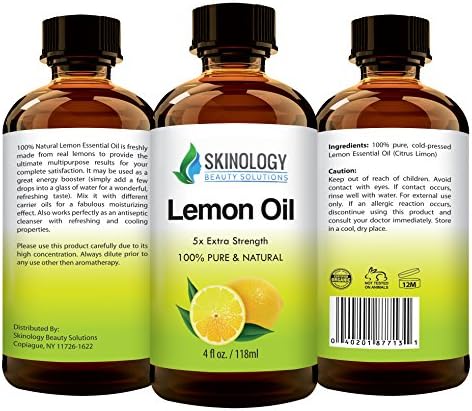 Skinology Lemon Essential Oil - 100% Natural and Pure Extra Strength Lemon Oil - Cold Pressed from Real Lemons - Aromatherapy, Health and Household Uses - Powerful Disinfectant & Antiseptic - 4 FL.OZ