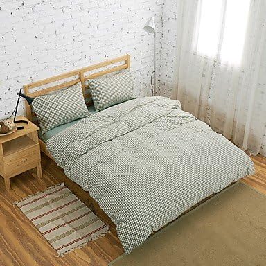 Shanshan Set Of 4 Muji Style 100% Cotton Green Small Lattice Duvet Covers