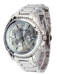New Silver Geneva Watch Crystal Bezel Womens Fashion Bracelet Oversized