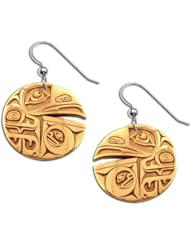 14K Yellow Gold Northwest Coast Native American Raven Box Daylight Earrings. Made in USA.