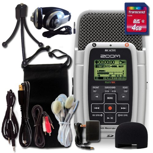 Zoom H2 Portable Stereo Recorder with 4GB SD card, Samson HP10 Headphones, tripod stand, and 8 Ft 1/8″ mini cable