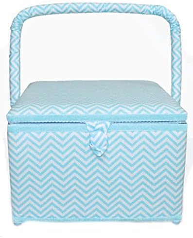 Sewing Basket Sewing Box Extra Large Chevron Fabric Hobby Box ~ Aqua Blue & White ~ Extra Large Square ~ 11.75" X 11.75" X 8.25" (29.845cm x 29.845cm x 20.955cm) with Handle and Magnetic Clasp ~ Includes Free Tape Measure!!