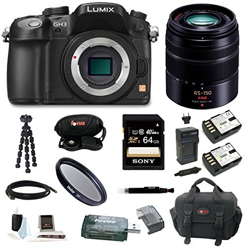 Panasonic Lumix DMC-GH3 GH3 DMCGH3 Mirrorless Micro Four Thirds Digital Camera (Black) + Panasonic H-FS45150K Lumix G Series Lens (Black) + Sony 64GB SDXC Memory Card + Card Reader + Wasabi Battery Charger and Two Replacement Batteries + Lens Filter + Camera Bag + Accessory Kit