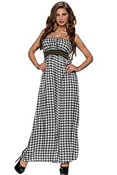 Houndstooth Print Polyester/Spandex Bandeau Neck Maxi Dress 