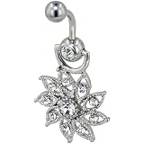 Clear Crystal Daisy Flower Dangle Belly Ring