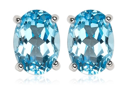 14k White Gold 7 x 5 Oval Shape Coated Swiss Blue Topaz Stud Earrings