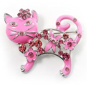 Pink Crystal Enamel Cat Brooch