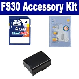 Canon FS30 Camcorder Accessory Kit includes: SDBP808 Battery, ZELCKSG Care & Cleaning, KSD4GB Memory Card