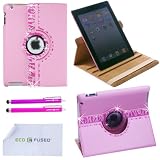 *BLING* 360 Rotating iPad 3 Pink Leather Case with (Zebra Bling) Sparkling Rhinstone Details / One (Purple) Stylus / One (Hot Pink) Stylus – ECO-FUSED® Microfiber Cleaning Cloth 5.5×3.0″ included – compatible with iPad 2 and iPad 3