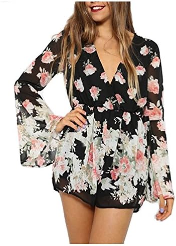 Sexy Black V-neck Floral Print Loose Jumpsuit With Long Flare Sleeves(Size L)