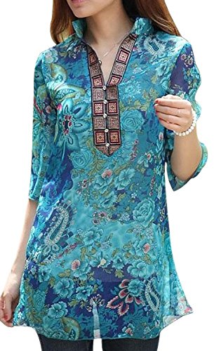 VonFon Womens Vintage Colourful Floral Print Casual Slim Shirt Blouse Top