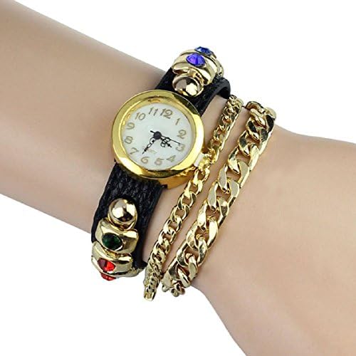 Tonsee(TM) 1PC Leather Bracelet Woman Rhinestone Bracelet Quartz WristWatch (Black)