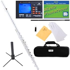 Mendini MFE-22S Intermediate Open/Closed-Hole Silver Plated C Flute + Case, Chromatic Tuner w/ Metronome, Stand, Pocketbook, Cleaning Rod & Cloth, Joint Grease, & a Pair of Gloves