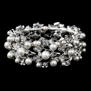 Bridal Wedding Jewelry Crystal Rhinestone Pearl Leaf Stretch Bracelet Silver