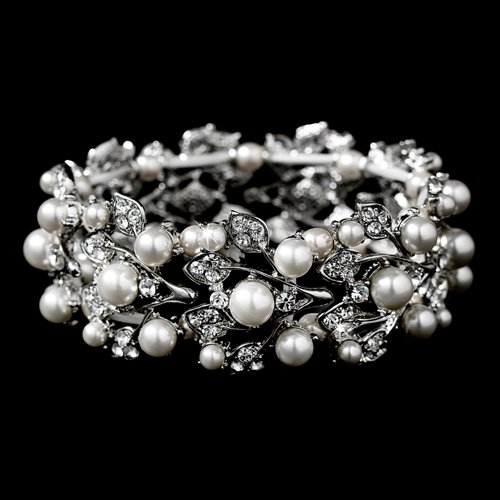 Bridal Wedding Jewelry Crystal Rhinestone Pearl Leaf Stretch Bracelet Silver