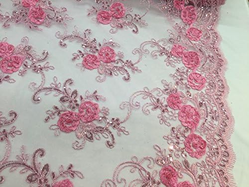 Mesh Lace 3D Flowers Embroider On A Mesh Lace With Sequins Crafts Sewing For Wedding Bridal Prom Fabric Party Home Decoration 36" x 50" (Pink)