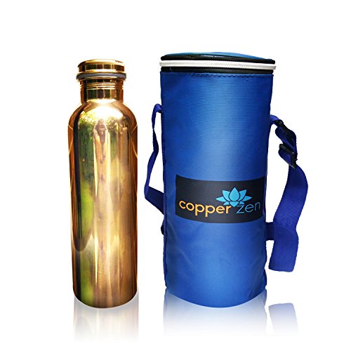 CopperZen Copper Water Bottle with Insulated Travel Bag and Adjustable Strap - Blue