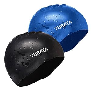 2 Pack Swimming Cap - TURATA® Waterproof Unisex Premium Earmuffs Silicone No-Slip Swimming Cap for Adults Kids Long Hair Woman and Men One Size Hat - Black & Blue