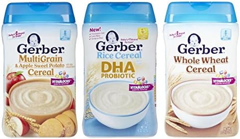 Gerber Baby Cereal 3 Flavor 8oz. Variety Pack: (1) MultiGrain &amp; Apple Sweet Potato Cereal, (1) DHA &amp; Probiotic Rice Cereal and (1) Whole Wheat Cereal