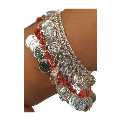 Armband  Silver Color Coins  Red Beads
