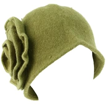 100% Wool Winter Cloche Crushable Foldable Bucket Big Flower Church Hat Olive