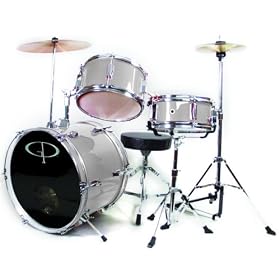 GP50 3-Piece Junior Children's Kids Starter Drum Set with Sticks - Metallic Silver by