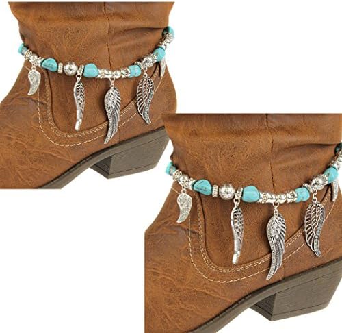 Boot Bracelet ~ Pair of Angel Wings with Crystals and Blue Beads Boot Charm Anklet (Boot Chains 066b 24)