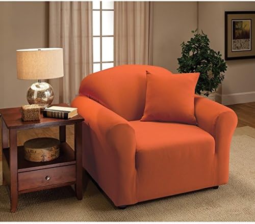 Single Piece Tangerine Orange Anna Chair Slipcover, Solid Pattern, Polyester Spandex Fabric Material, Form Fitting Style, Chairbacks and Seats, Durable, Machine Washable, Dark Orange