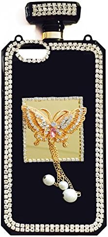 Stylish Crystal Diamond Rhinestones 3D Luxury Shining Butterfly Perfume Bottle Phone Case with Gold/Black Leather Chain (S3 Gold/Pink)