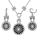 CZ Black Round Dangling Bow Necklace And Earrings Set