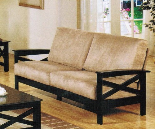 Sofa Couch with Cross Design Tan Microfiber Espresso Finish
