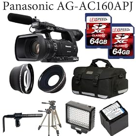 Panasonic AG-AC160APJ AVCCAM HD Hand-Held Camcorder + Que Audio 210 Video Shotgun Microphone Kit + Panasonic VW-VBG6 Battery + 2 X 64GB SDXC + 0.45X Wide Angle Lens + 2x Telephoto Lens + Case + Tripod + Led Light + Travel charger + UV + CPL FILTER